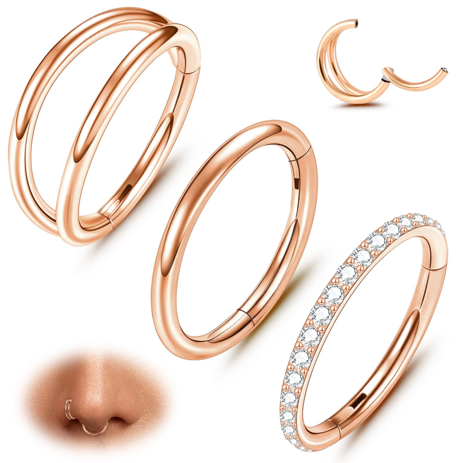ONESING 316L Surgical Steel Nose Rings Hoops 3 Pcs 18G Hoop Nose Rings for women Hinged Nose Piercing Jewelry Hypoallergenic Cartilage Earrings Septum Rings Rose Gold 10mm