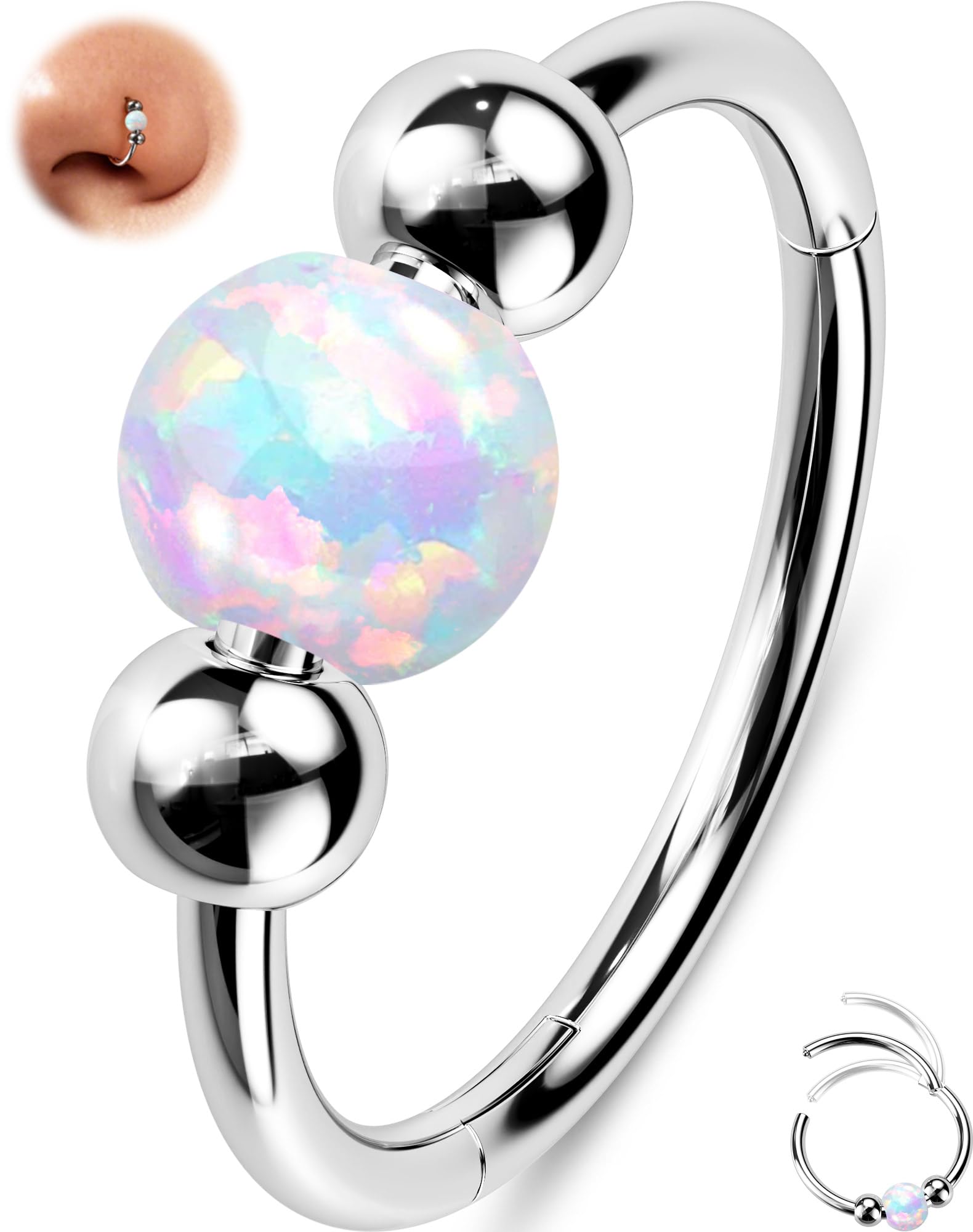 OUFER 20G Nose Rings Hoop Opal Nose Rings For Women 316L Surgical Steel Nose Piercing Jewelry Clicker Septum Rings Nose Hoops Cartilage Helix Piercing Jewelry-8mm