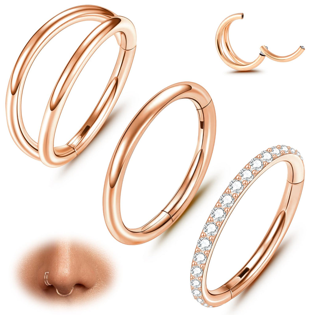 ONESING 316L Surgical Steel Nose Rings Hoops 3 Pcs 18G Hoop Nose Rings for women Hinged Nose Piercing Jewelry Hypoallergenic Cartilage Earrings Septum Rings Rose Gold 10mm