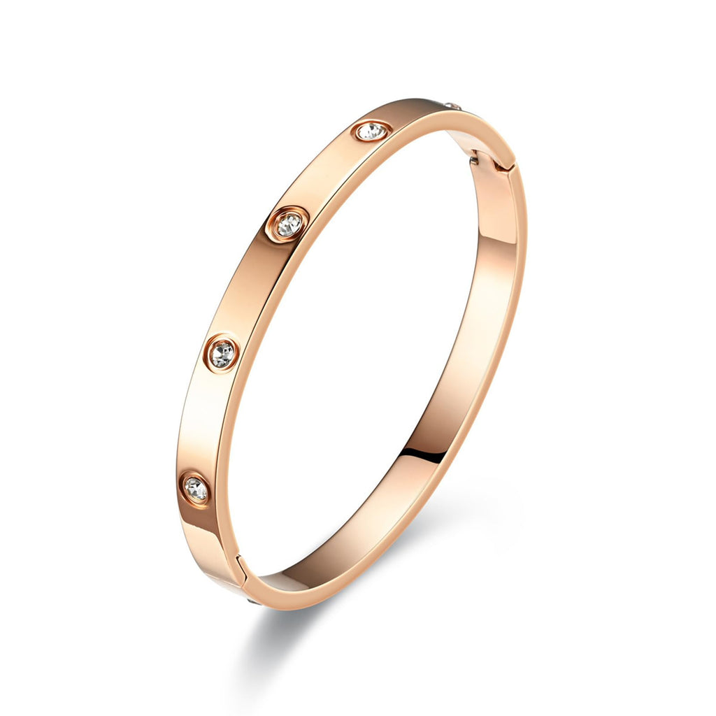 FOLOOTY Cubic Zirconia Bracelet Bangle 18K Gold Plated Titanium Steel Friendship Love Cuff Bangle for Women Trendy Simple Jewelry Gift (Rose Gold -Zicron 7.5)